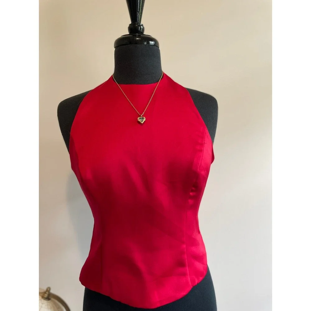 VTG Tom Barra Red Satin Halter Top Size 4 - Picture 2 of 7